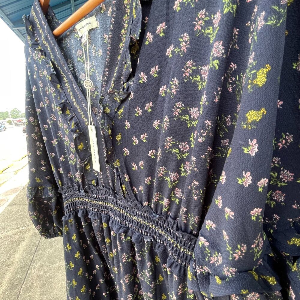 NWT Women's Large MAX STUDIO Navy Floral V-neck Empire Waist Tiered Midi Dress - Picture 13 of 16